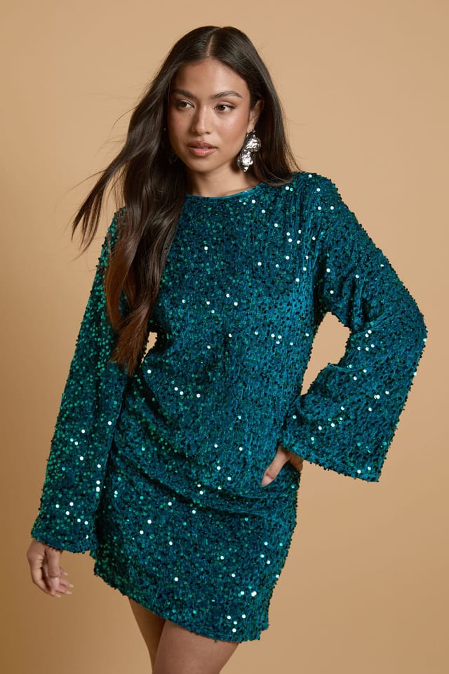Oasis Oasis Women's Petite Occasion Sequin Flare Sleeve Mini Dress in Teal - 2