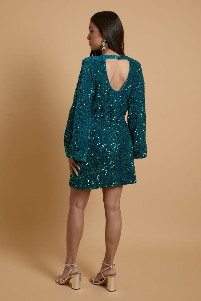 Oasis Oasis Women's Petite Occasion Sequin Flare Sleeve Mini Dress in Teal - 3