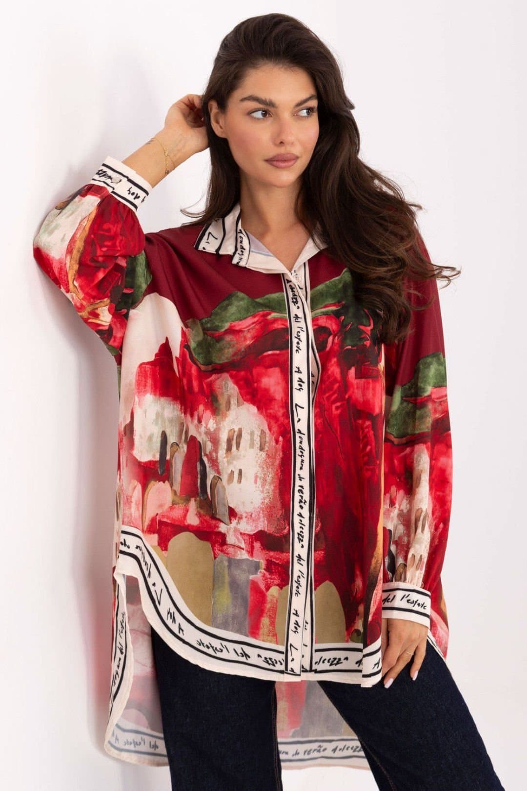 Love Lace Love Lace Women's Long Sleeve Printed Button Up Casual Shirt in Red