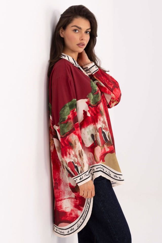 Love Lace Love Lace Women's Long Sleeve Printed Button Up Casual Shirt in Red - 2
