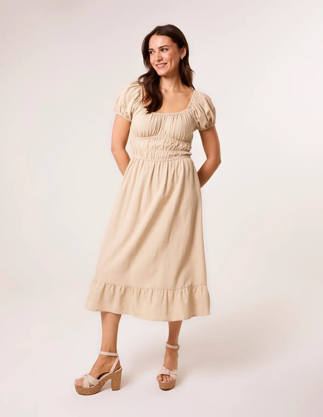 Blue Vanilla Puff Sleeve Shirred Panel Dress - 3