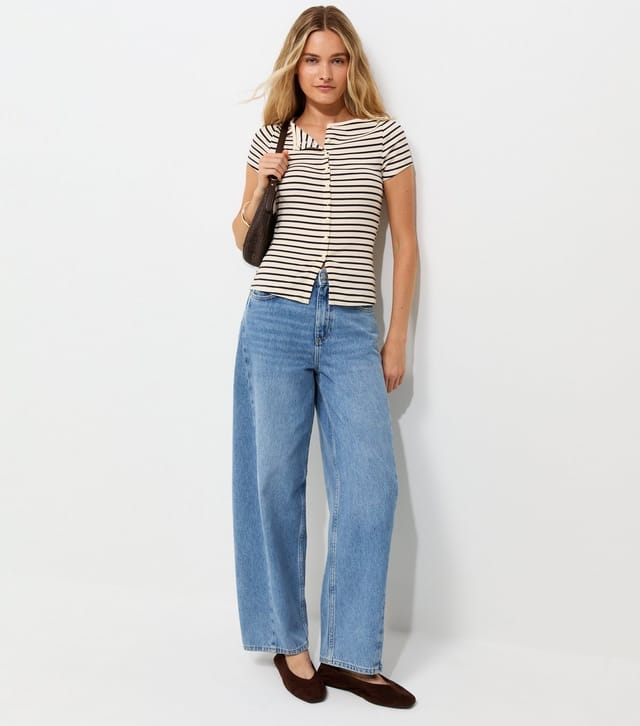 New Look Women's Cream Cotton Rich Striped Button Through Baby Tee T-Shirt New Look - 2
