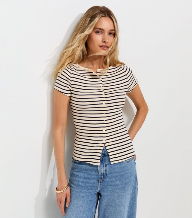 New Look Women's Cream Cotton Rich Striped Button Through Baby Tee T-Shirt New Look - 3
