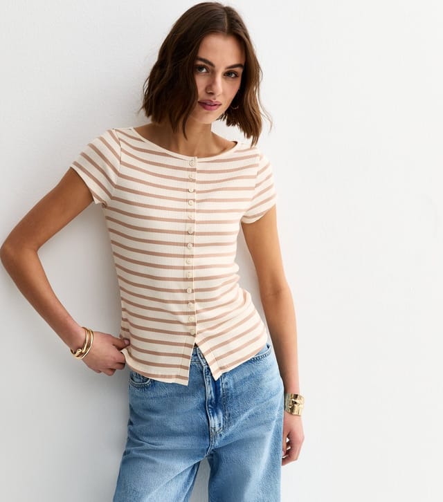 New Look Women's White Striped Button Through Baby Tee New Look - 2