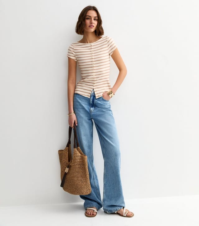 New Look Women's White Striped Button Through Baby Tee New Look - 3