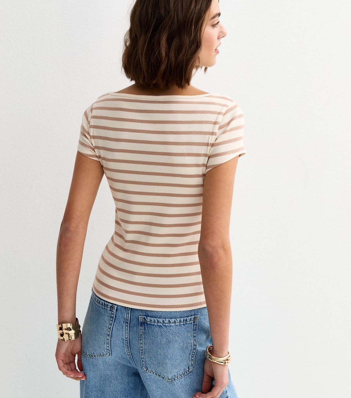 New Look Women's White Striped Button Through Baby Tee New Look - 4