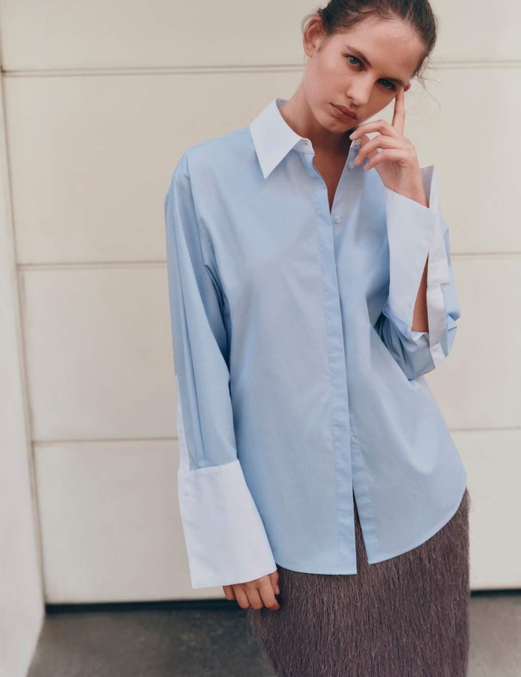 Marks & Spencer M&S Pure Cotton Contrast Detail Oversized Shirt Blue Mix