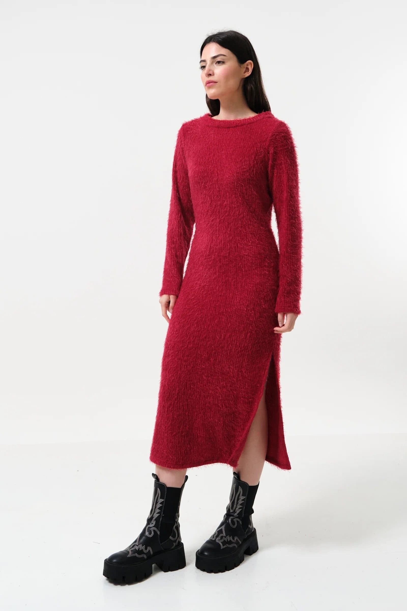Louche Louche Women's Guila Eyelash Rib Long Sleeve Midi Dress - Red