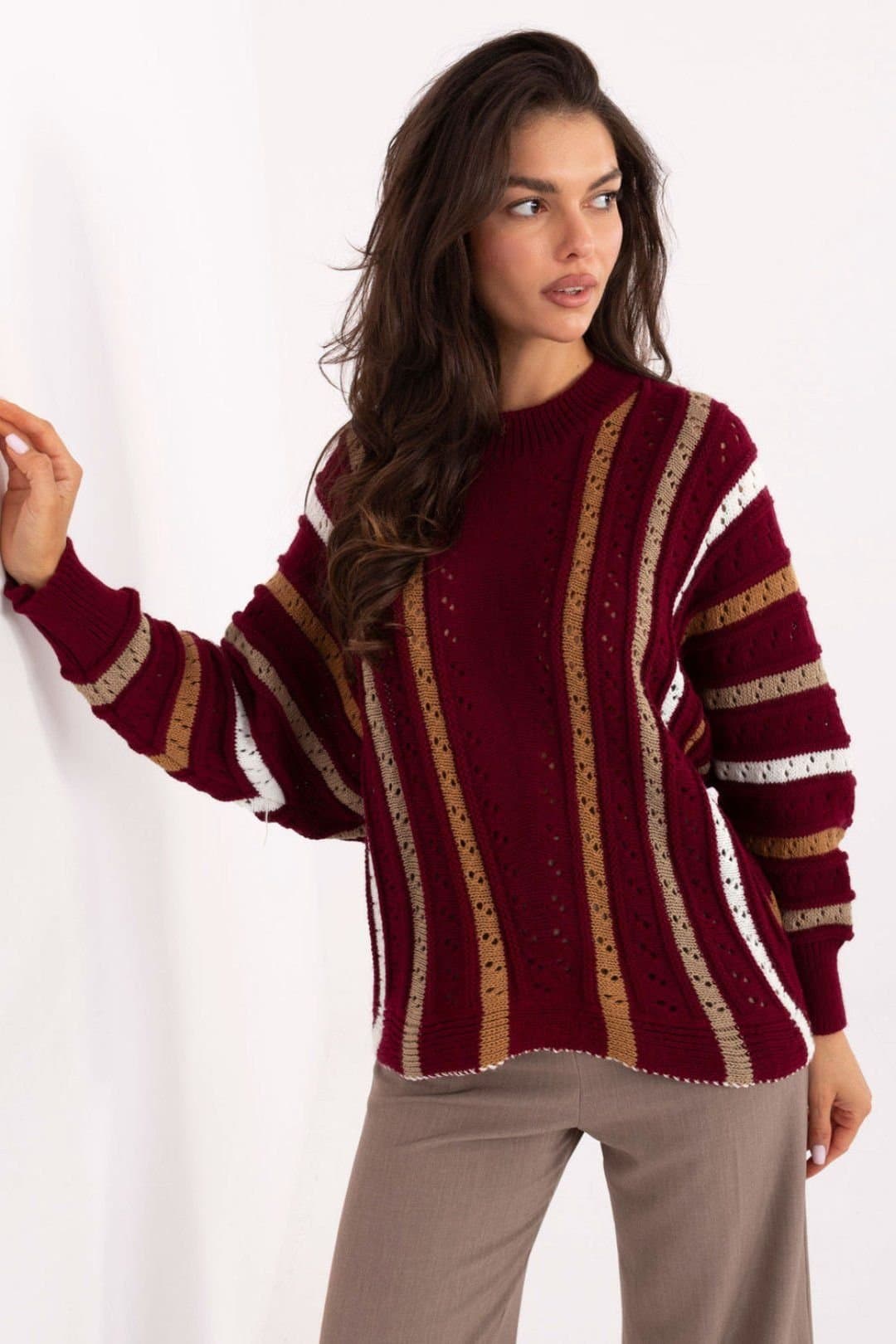 Love Lace Love Lace Women's Oversized Acrylic Lacy Stripe Casual Sweater in Red