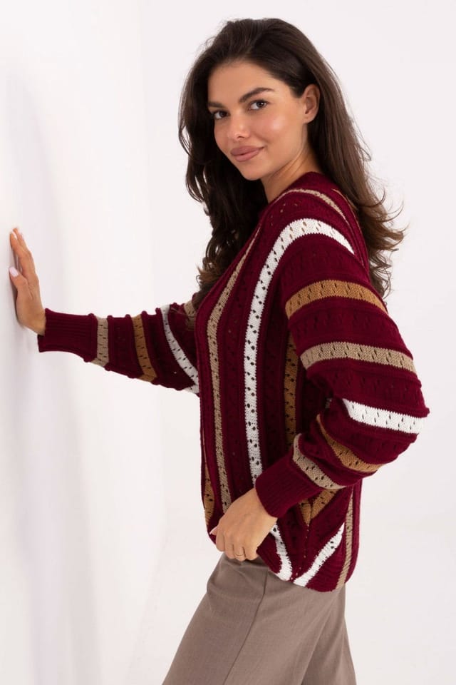 Love Lace Love Lace Women's Oversized Acrylic Lacy Stripe Casual Sweater in Red - 2