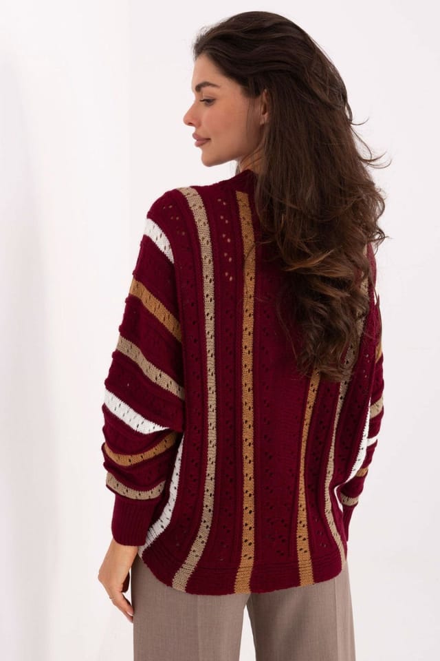Love Lace Love Lace Women's Oversized Acrylic Lacy Stripe Casual Sweater in Red - 3