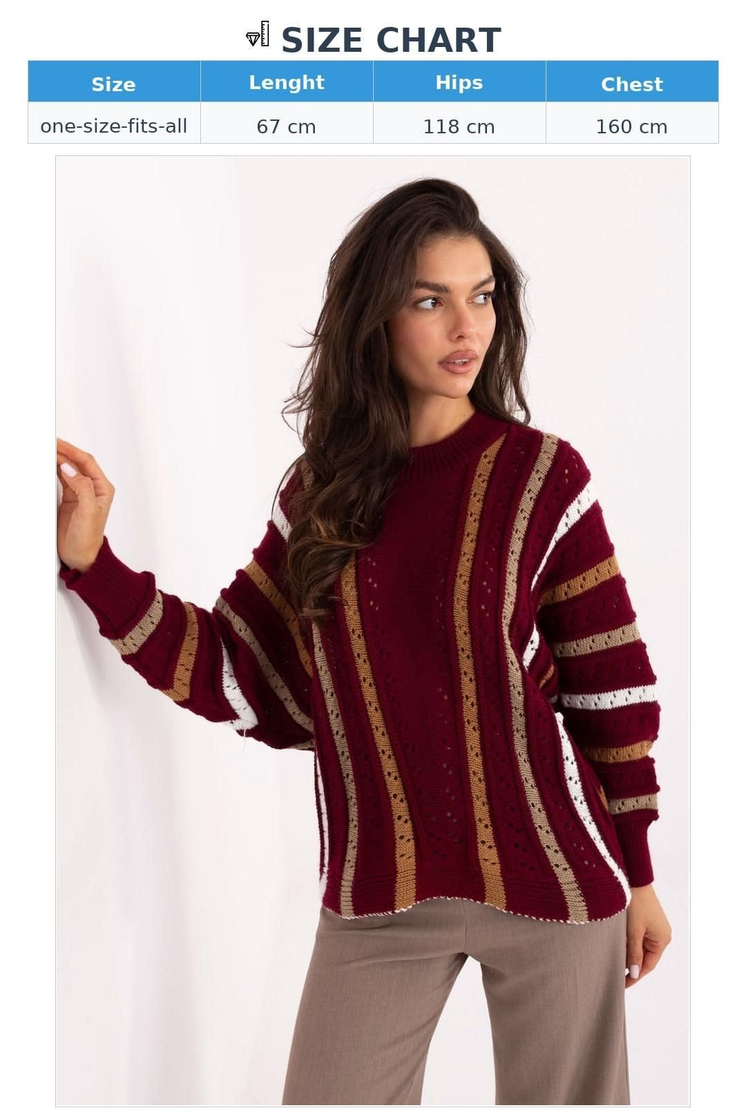 Love Lace Love Lace Women's Oversized Acrylic Lacy Stripe Casual Sweater in Red - 4