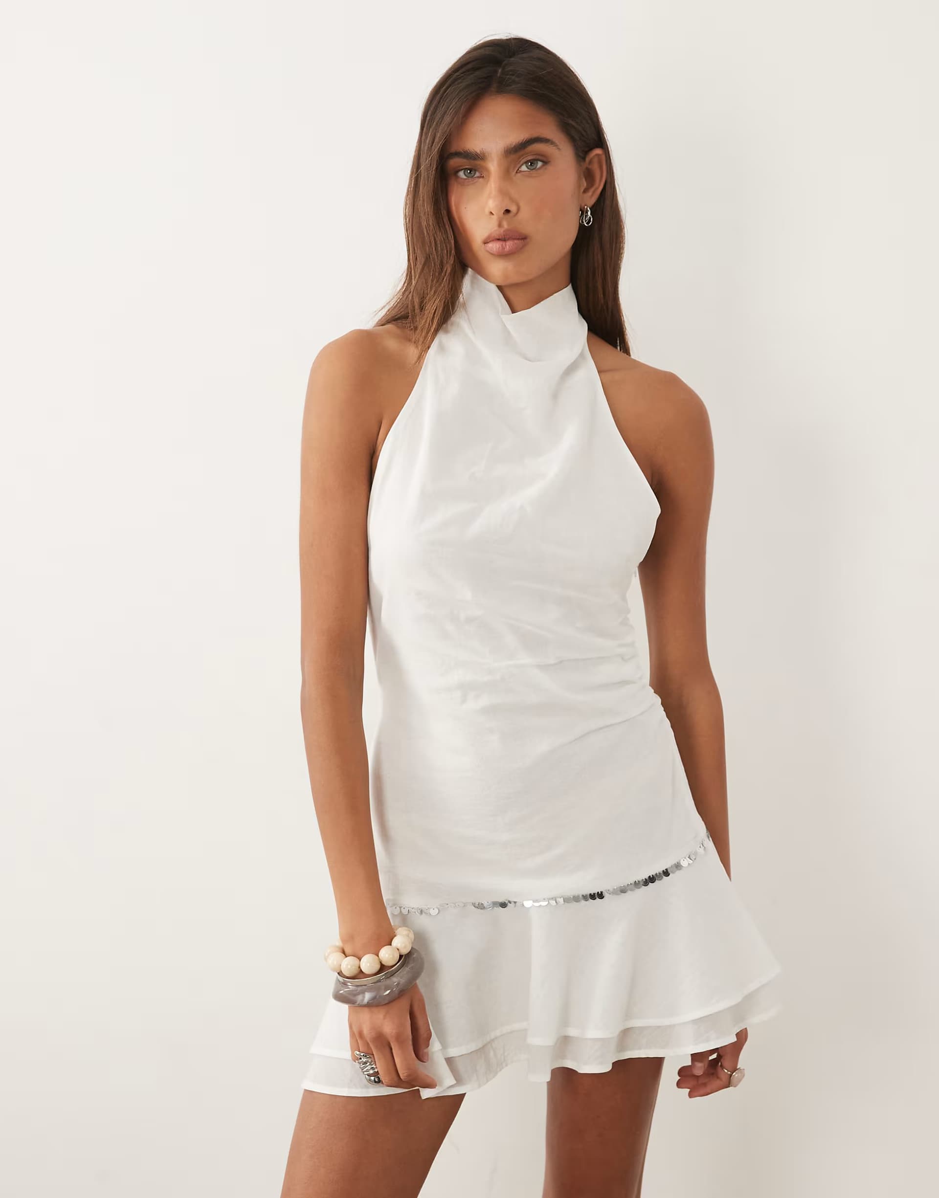 ASOS Mango high neck ruffle trim embellished beach dress in white