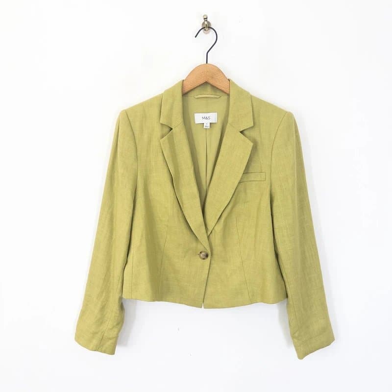 Marks & Spencer M&S Linen Blend Revere Collar Cropped Blazer Size 14 Lime Onyx Green Jacket