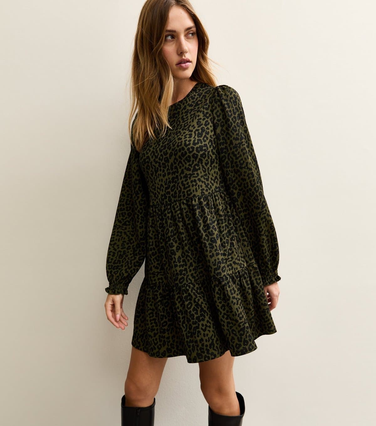 New Look Women's Green Animal Print Tiered Mini Dress New Look