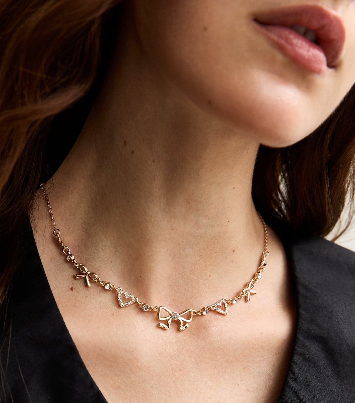 New Look Gold Tone Diamante Heart and Bow Necklace New Look