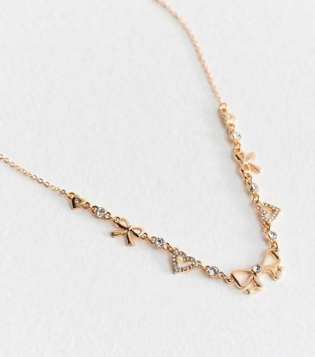 New Look Gold Tone Diamante Heart and Bow Necklace New Look - 3