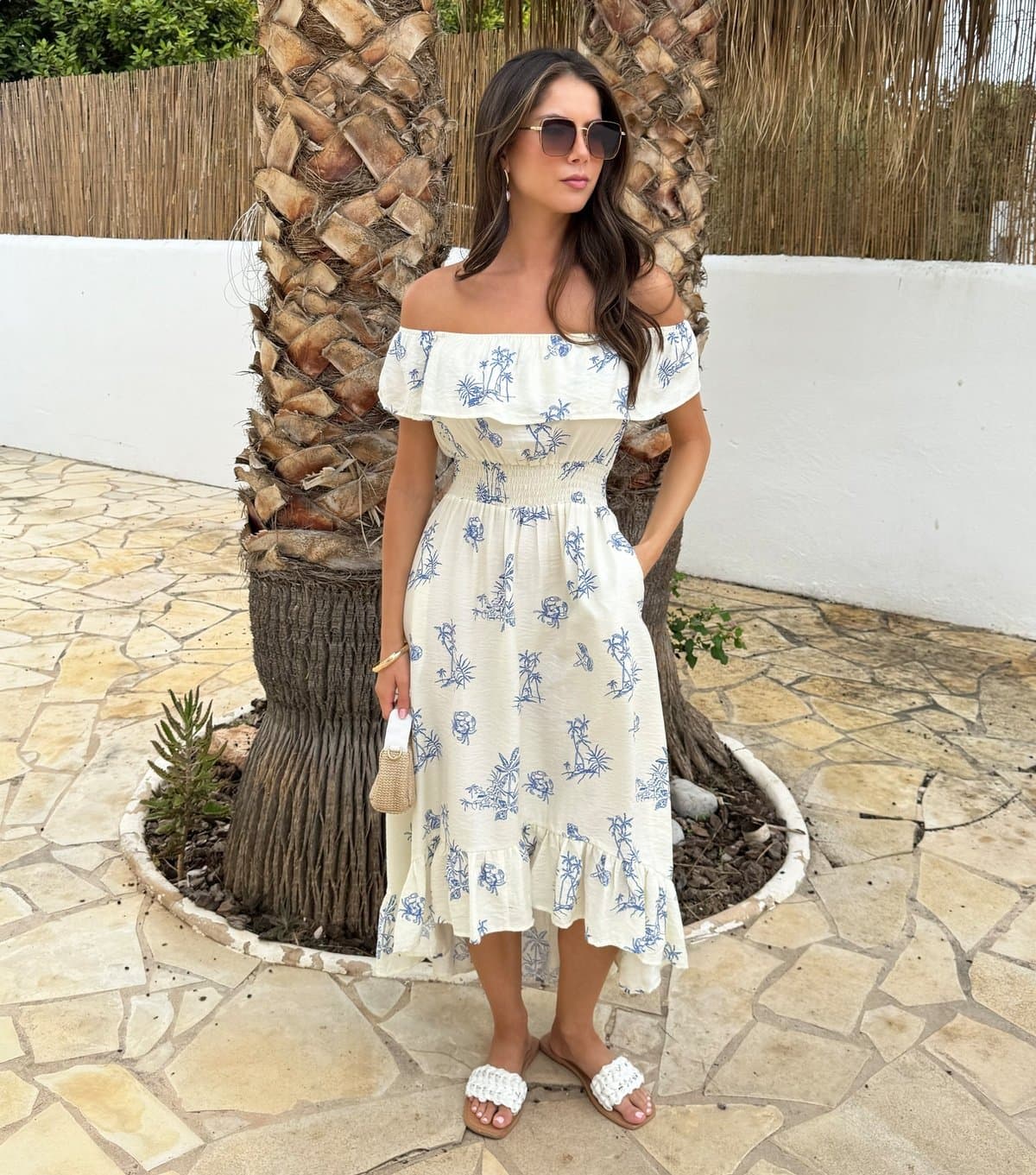 AX Paris Women's Blue Beach Print Bardot Frill Midi Dress AX Paris New Look