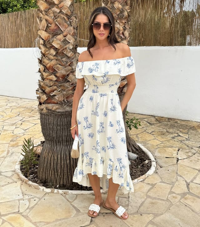 AX Paris Women's Blue Beach Print Bardot Frill Midi Dress AX Paris New Look - 2