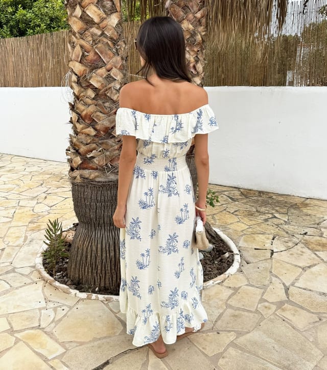 AX Paris Women's Blue Beach Print Bardot Frill Midi Dress AX Paris New Look - 3