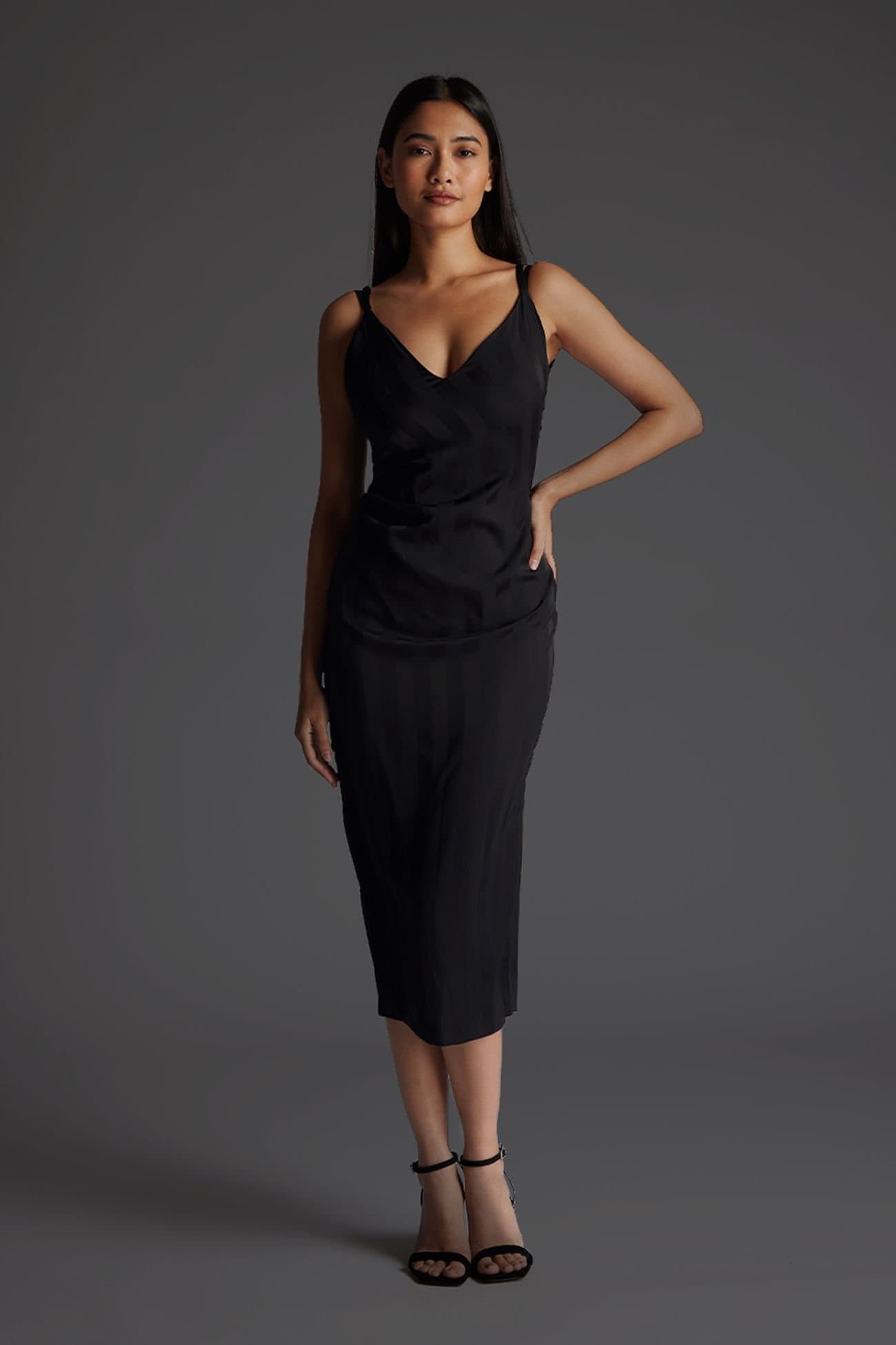 Vesper Vesper Black Satin Strappy Midi Dress
