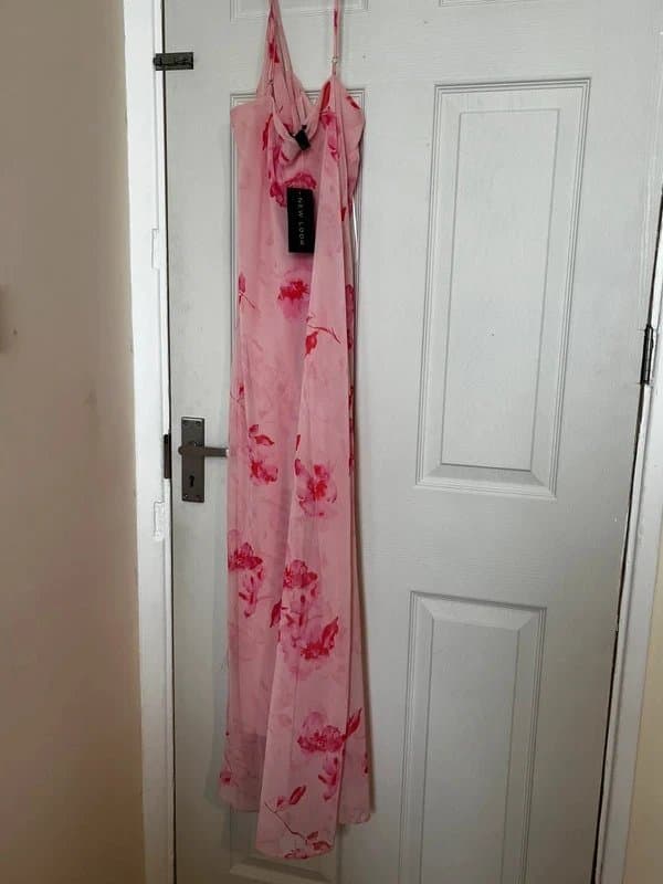 New Look New Look Pink Floral Maxi Dress – Elegant Strappy Chiffon Summer/Occasion Dress ( Size 14)