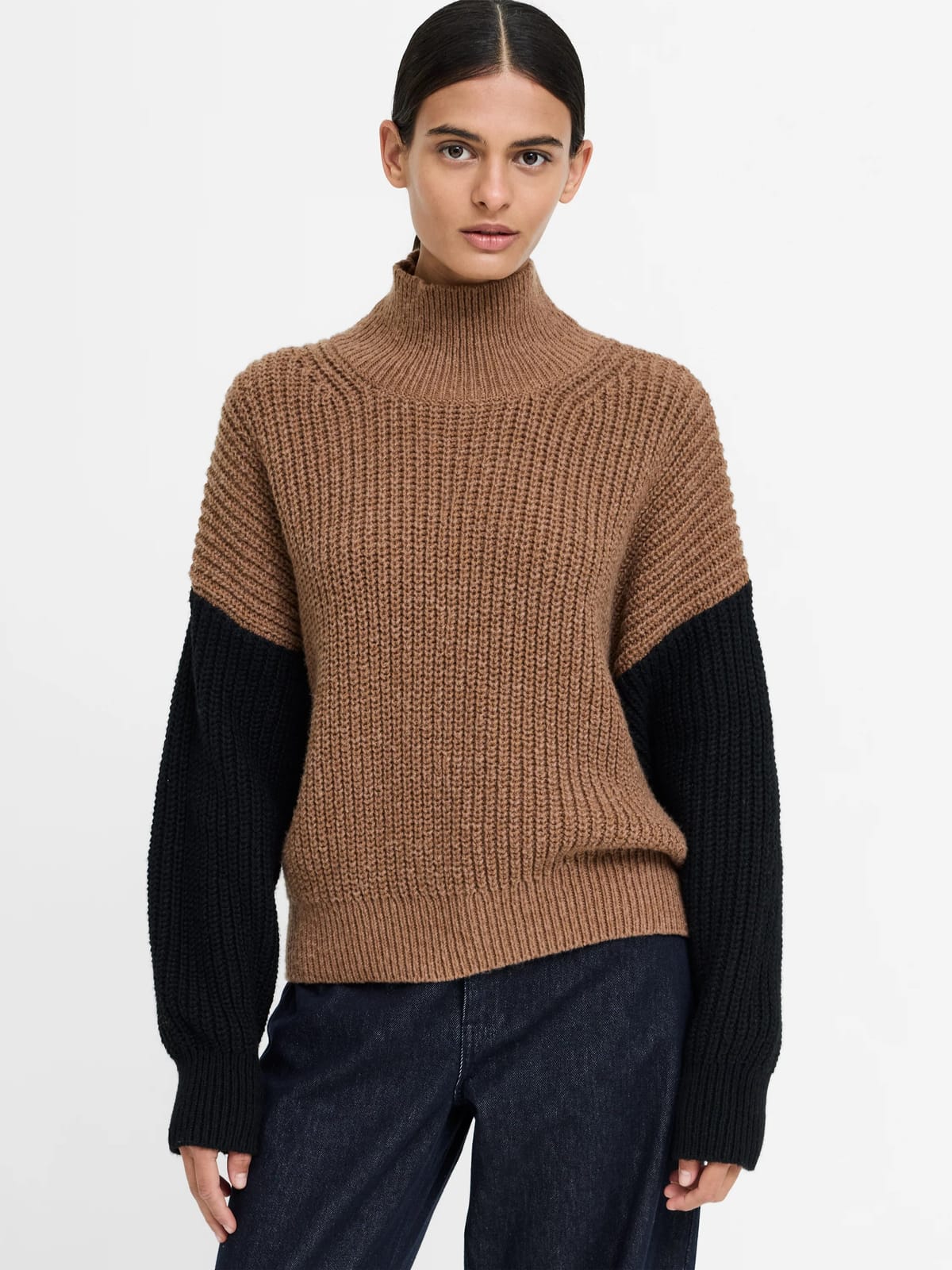French Connection Iona Brown Colour Block Roll Neck Jumper Black/Toffee Brown - 1
