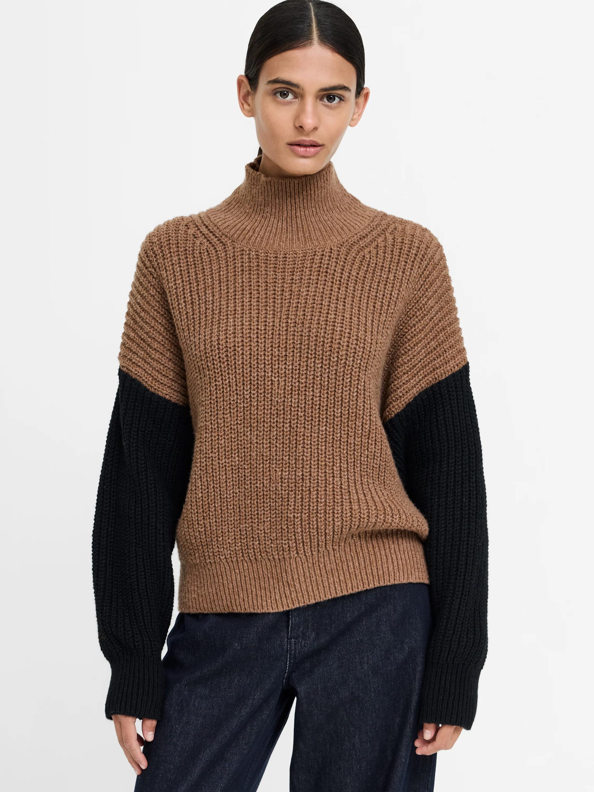 Iona Brown Colour Block Roll Neck Jumper Black/Toffee Brown
