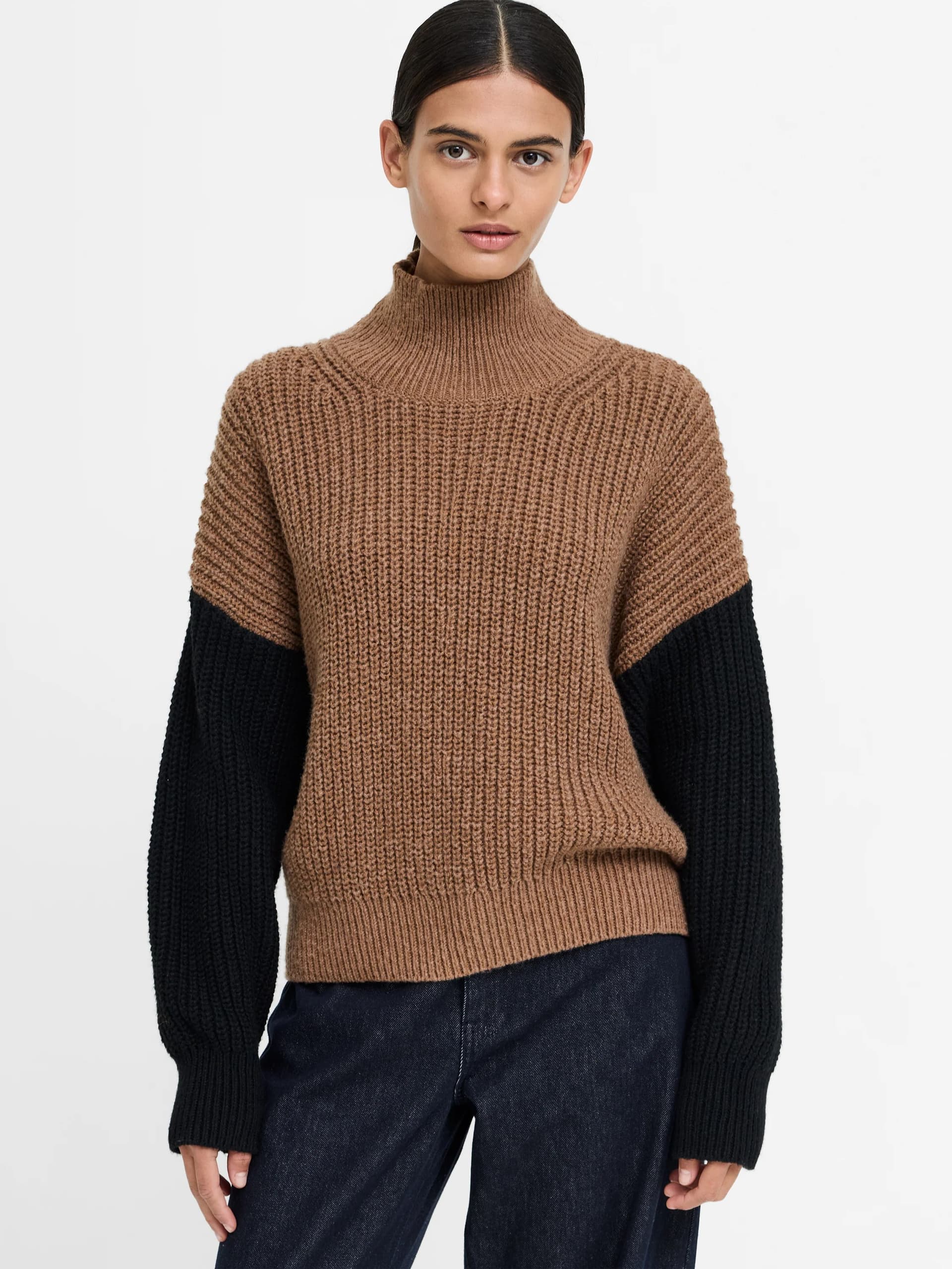 French Connection Iona Brown Colour Block Roll Neck Jumper Black/Toffee Brown