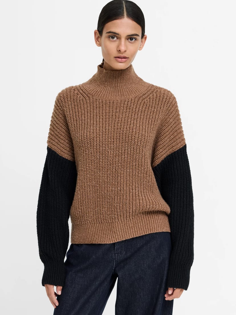 French Connection Iona Brown Colour Block Roll Neck Jumper Black/Toffee Brown - 1