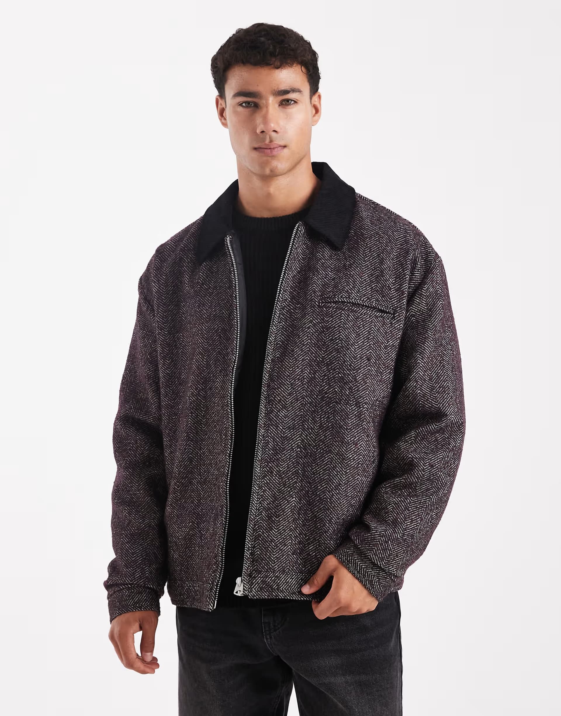 ASOS ASOS DESIGN harrington jacket in burgundy herringbone