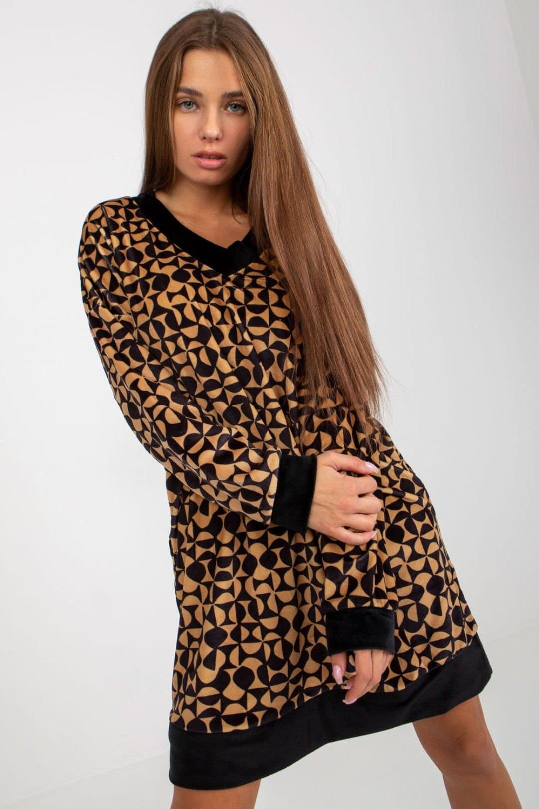 Love Lace Love Lace Women's Short Velour Dress Heart Neck Long Sleeve in Brown
