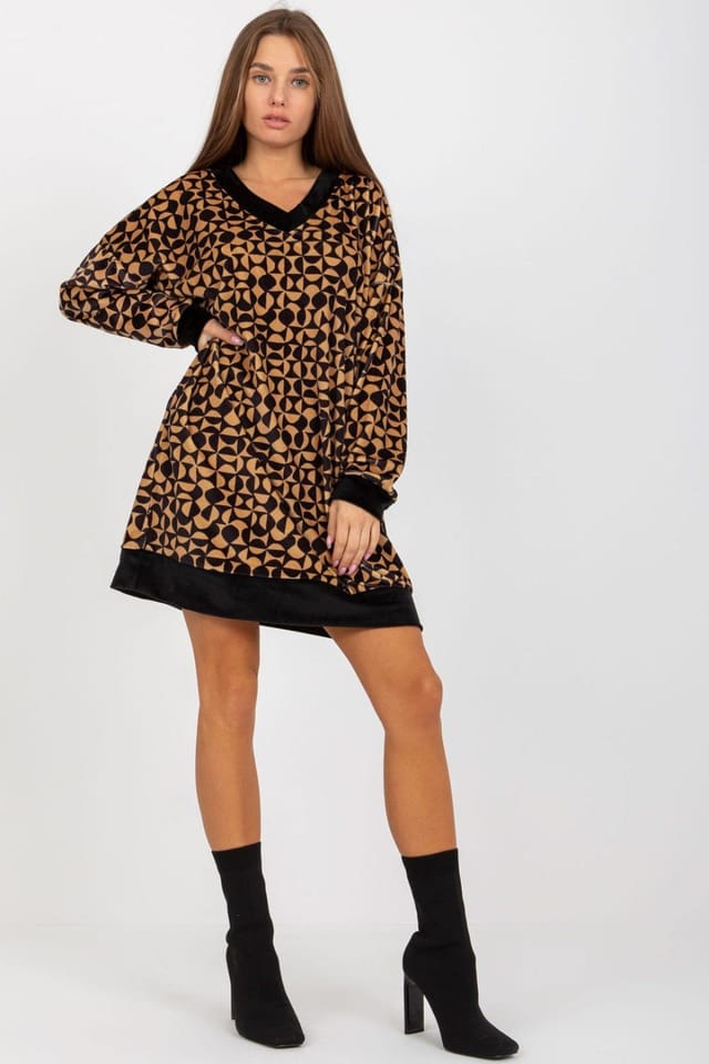 Love Lace Love Lace Women's Short Velour Dress Heart Neck Long Sleeve in Brown - 2