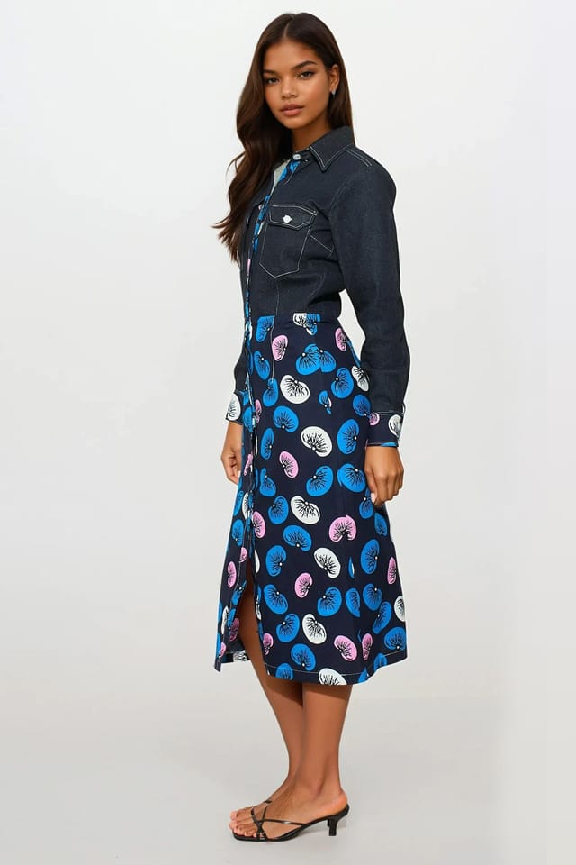 Dals Hart Dals Hart Women's Two-Tone denim & Print Midi Dress in Navy - 2