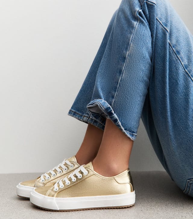 New Look Women's Gold Metallic Canvas Lace Up Trainers Vegan New Look - 2
