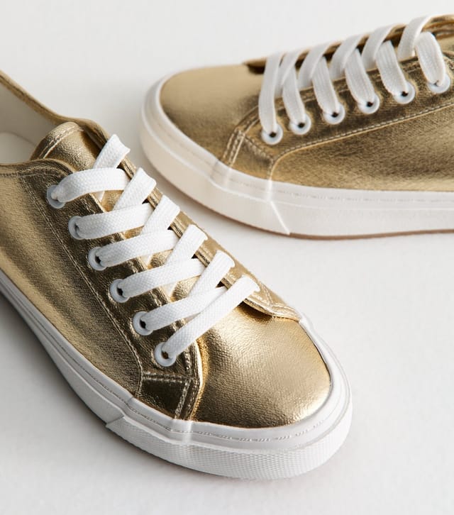 New Look Women's Gold Metallic Canvas Lace Up Trainers Vegan New Look - 3