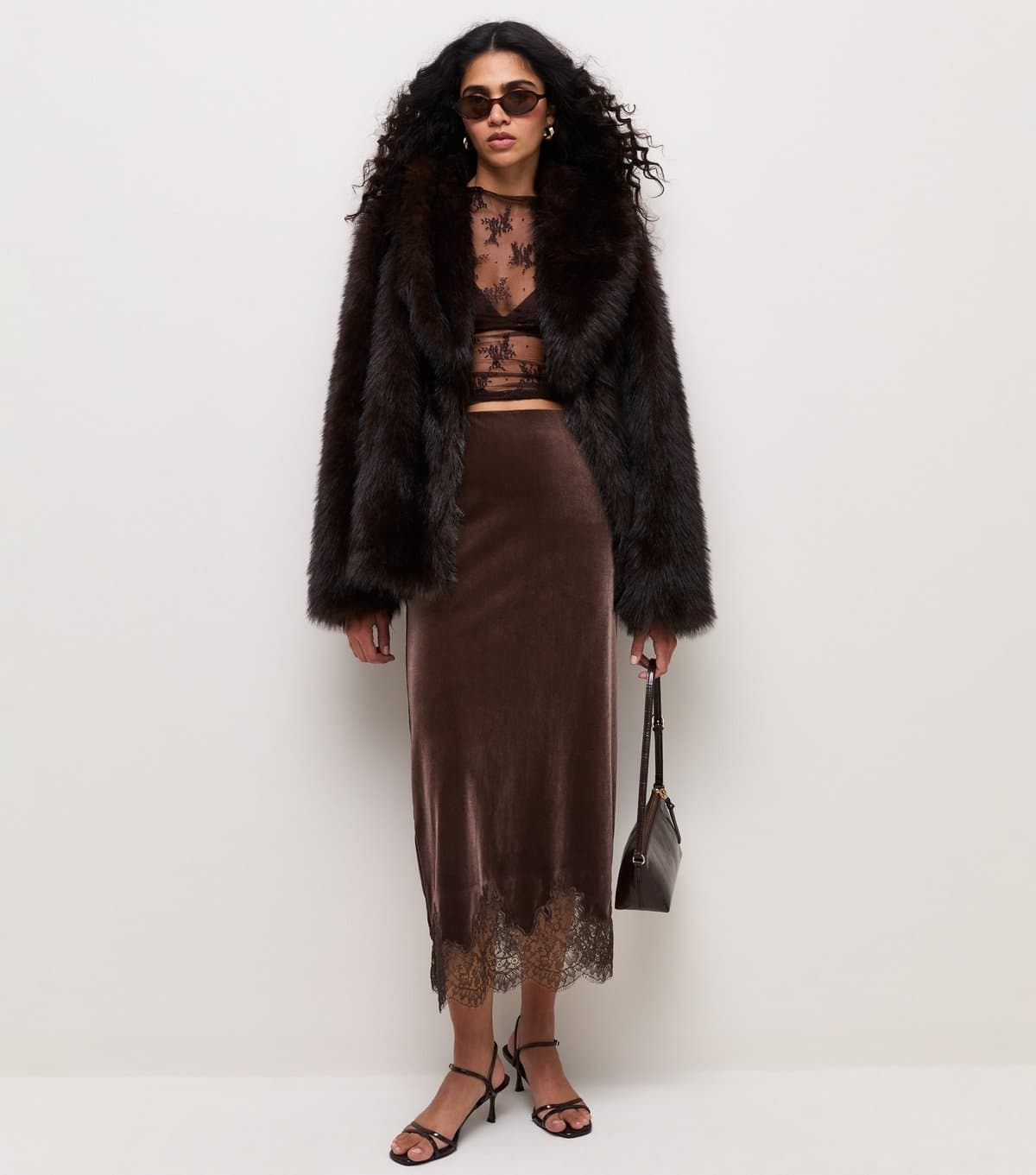 New Look Women's Dark Brown Velvet Lace Trim Midi Skirt New Look