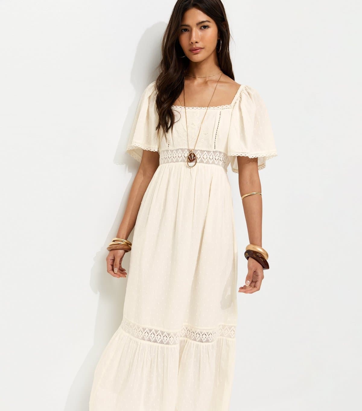 New Look Women's Cream Dobby Square Neck Midi Dress New Look