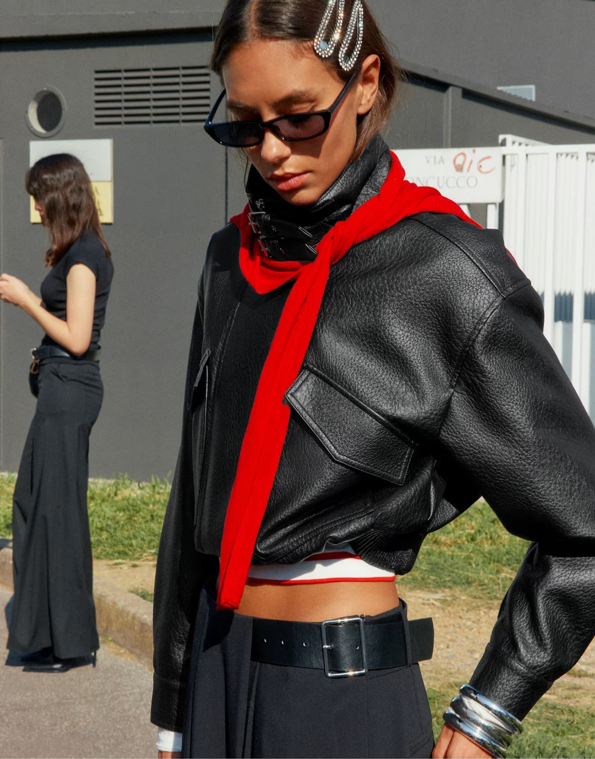 ASOS Stradivarius Cropped leather effect jacket in black