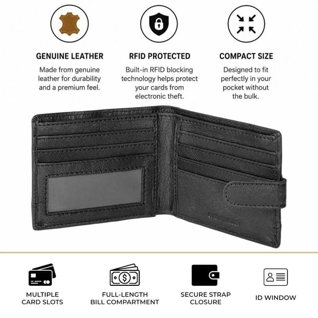 Woodland Leathers Woodland Leathers Men's Men's Genuine Leather RFID Wallet with ID Window in Black - 3