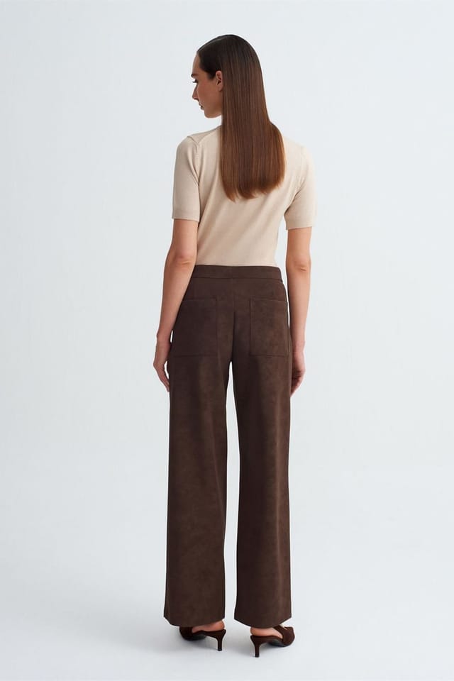 Dilvin Dilvin Women's High-Waist Wide-Leg Faux Suede Trousers in Chocolate - 2