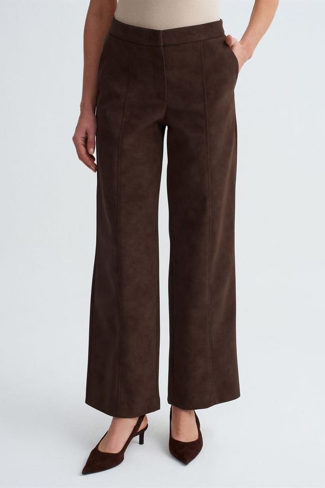 Dilvin Dilvin Women's High-Waist Wide-Leg Faux Suede Trousers in Chocolate - 3