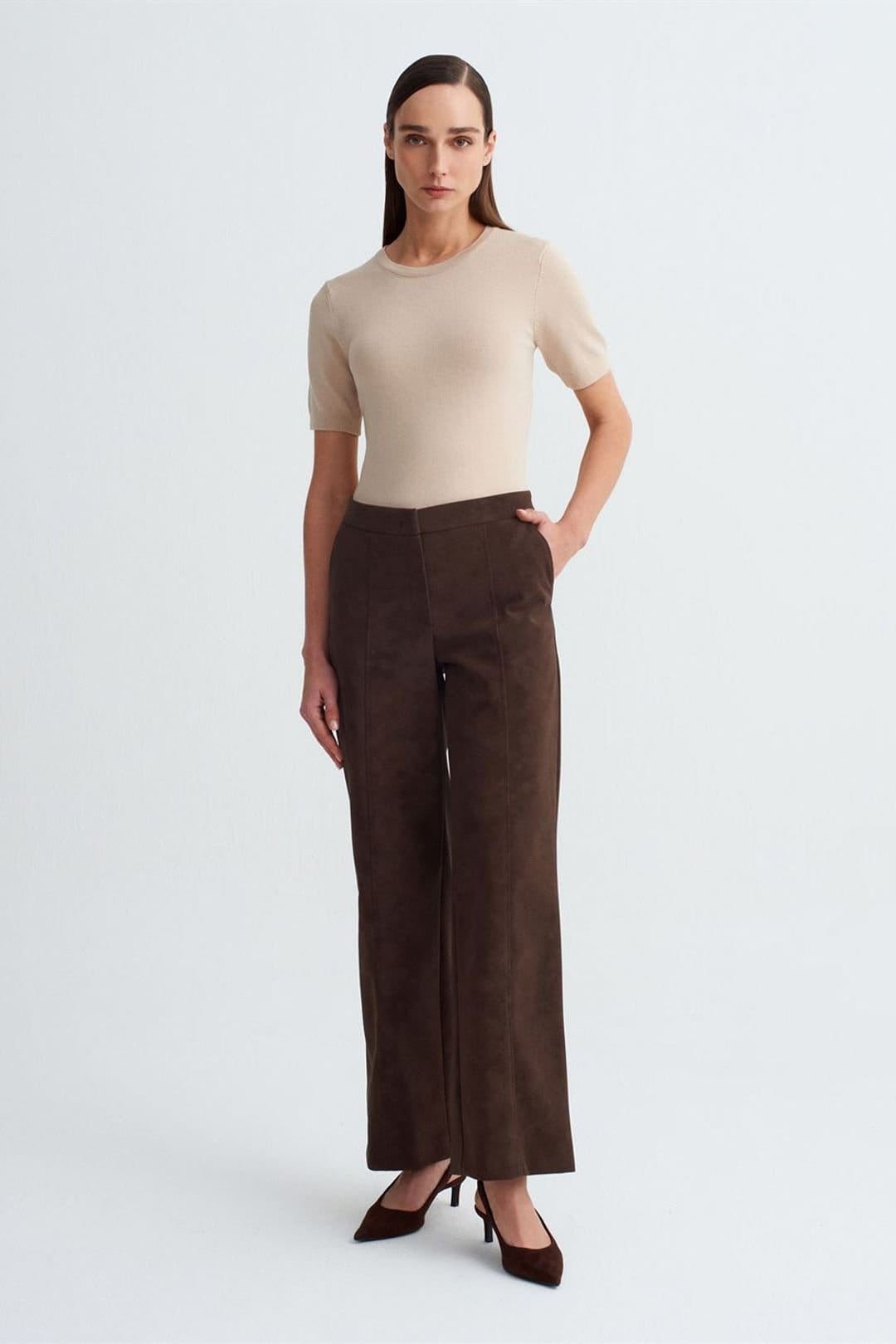 Dilvin Dilvin Women's High-Waist Wide-Leg Faux Suede Trousers in Chocolate - 4