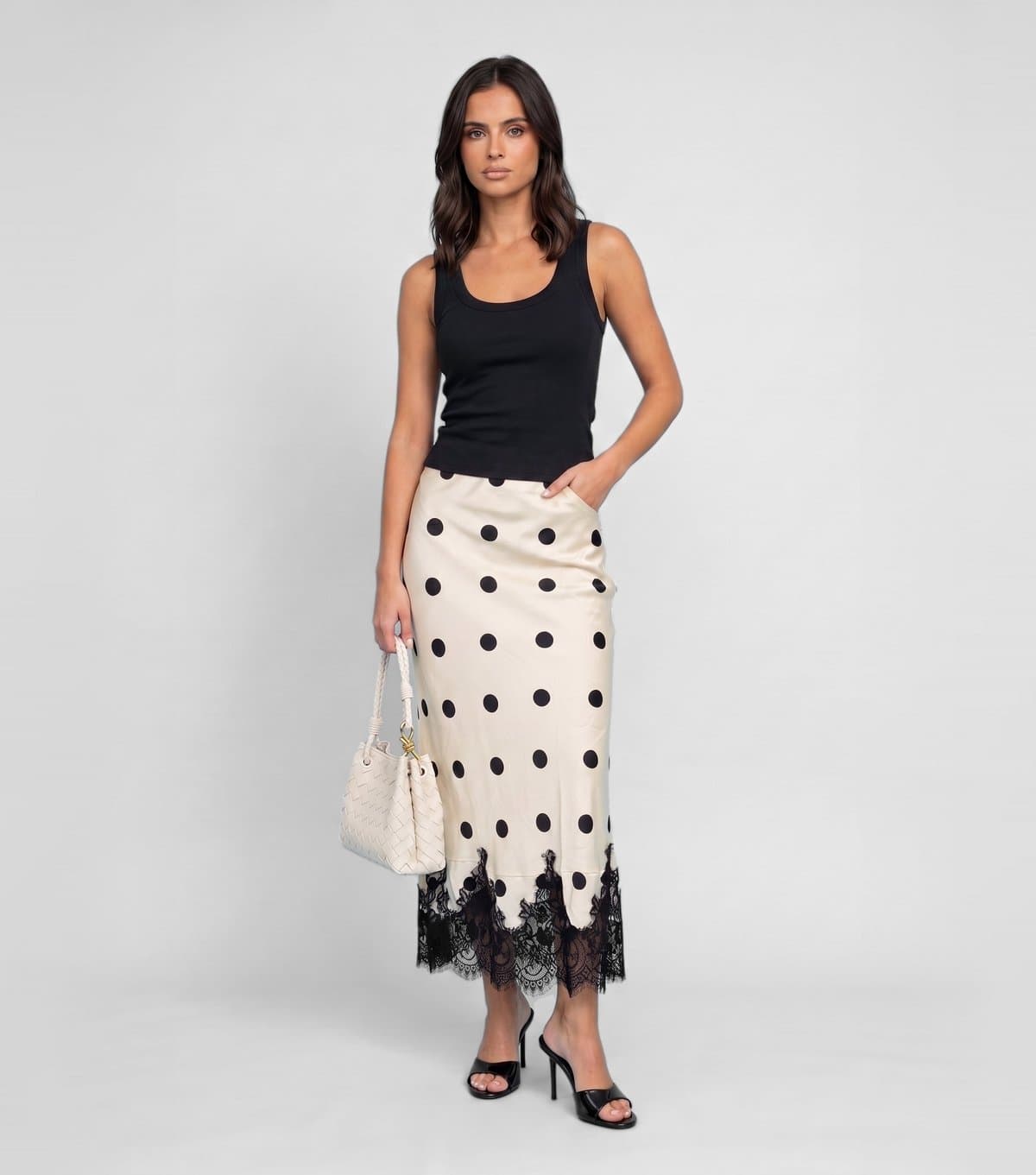 Urban Bliss Women's White Satin Polka Dot Lace Hem Maxi Skirt Urban Bliss New Look