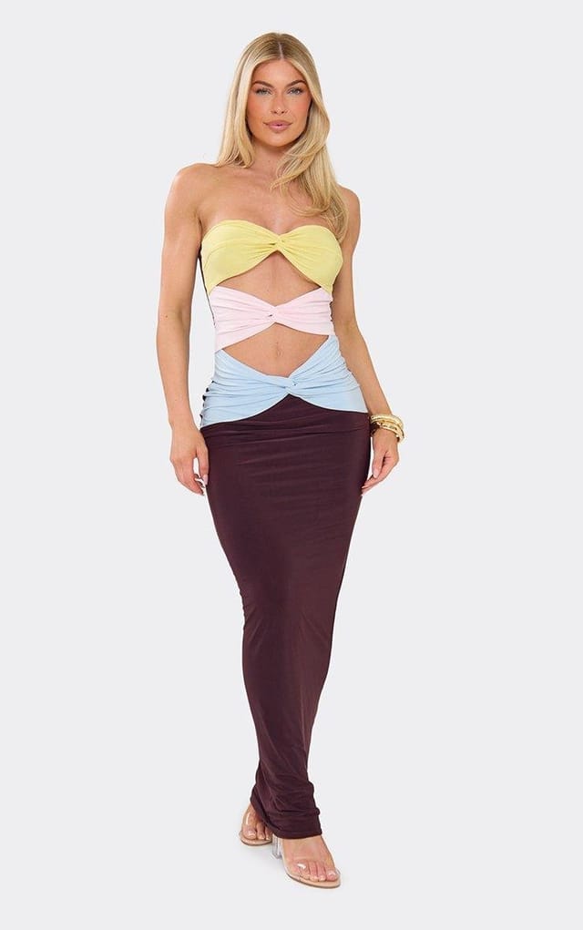 EGO Bandeau Contrast Cut Out Maxi Dress In Chocolate Brown, Women's Size UK 6 - 2