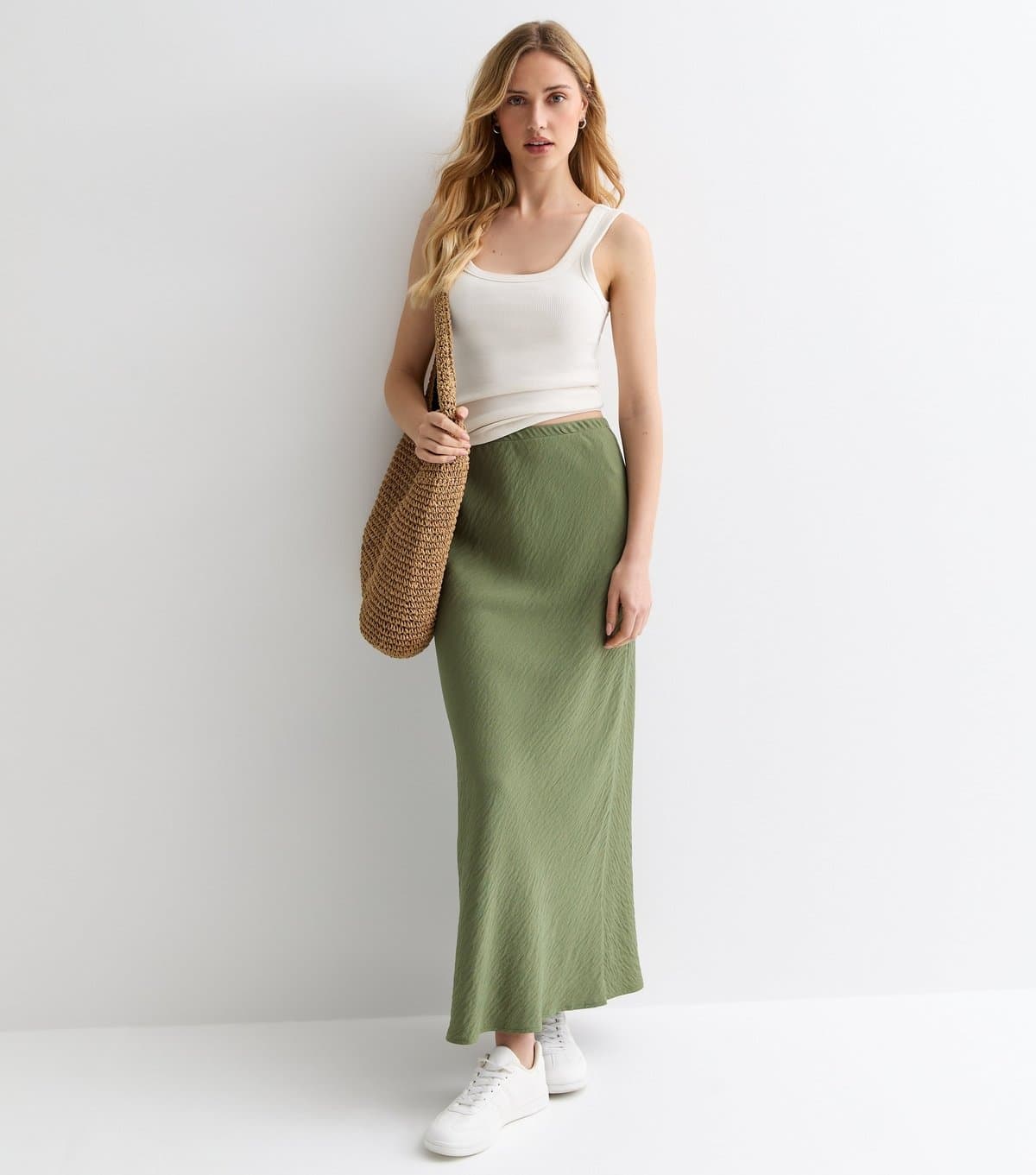 New Look Women's Khaki Textured Midi Skirt New Look