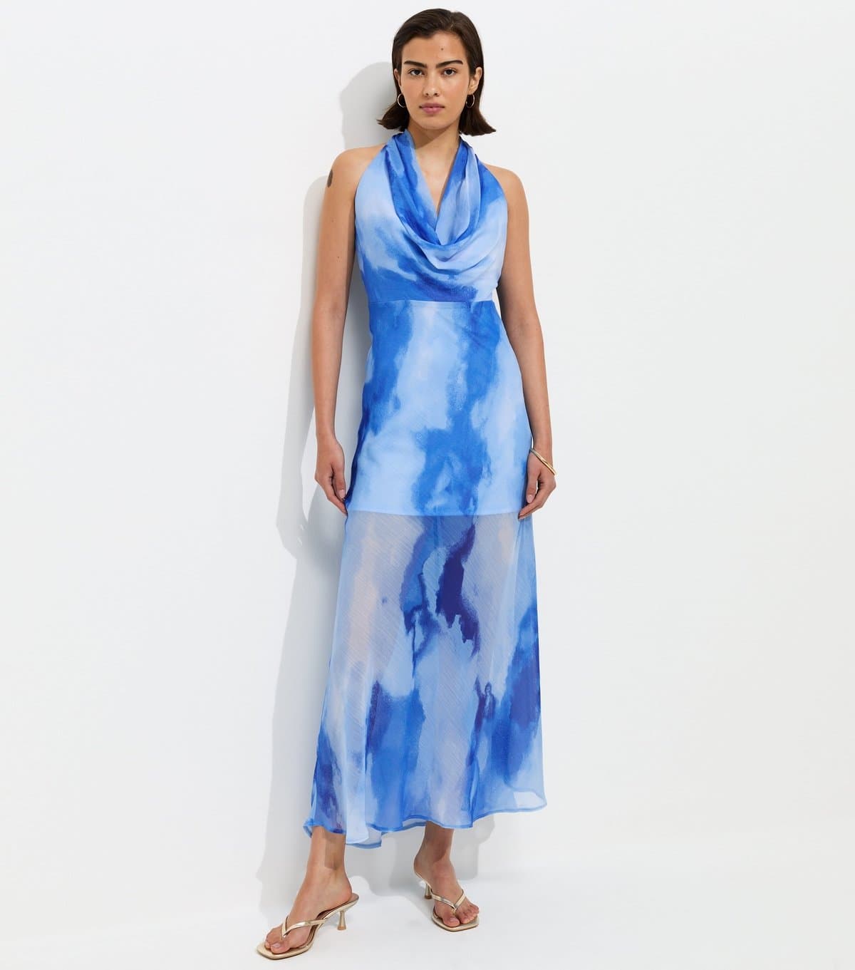 New Look Women's Blue Chiffon Cowl Halter Neck Maxi Dress New Look