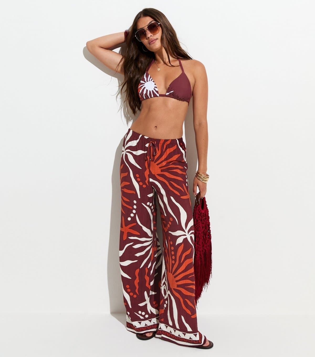 New Look Women's Brown Sun Print Beach Wide Leg Trousers New Look