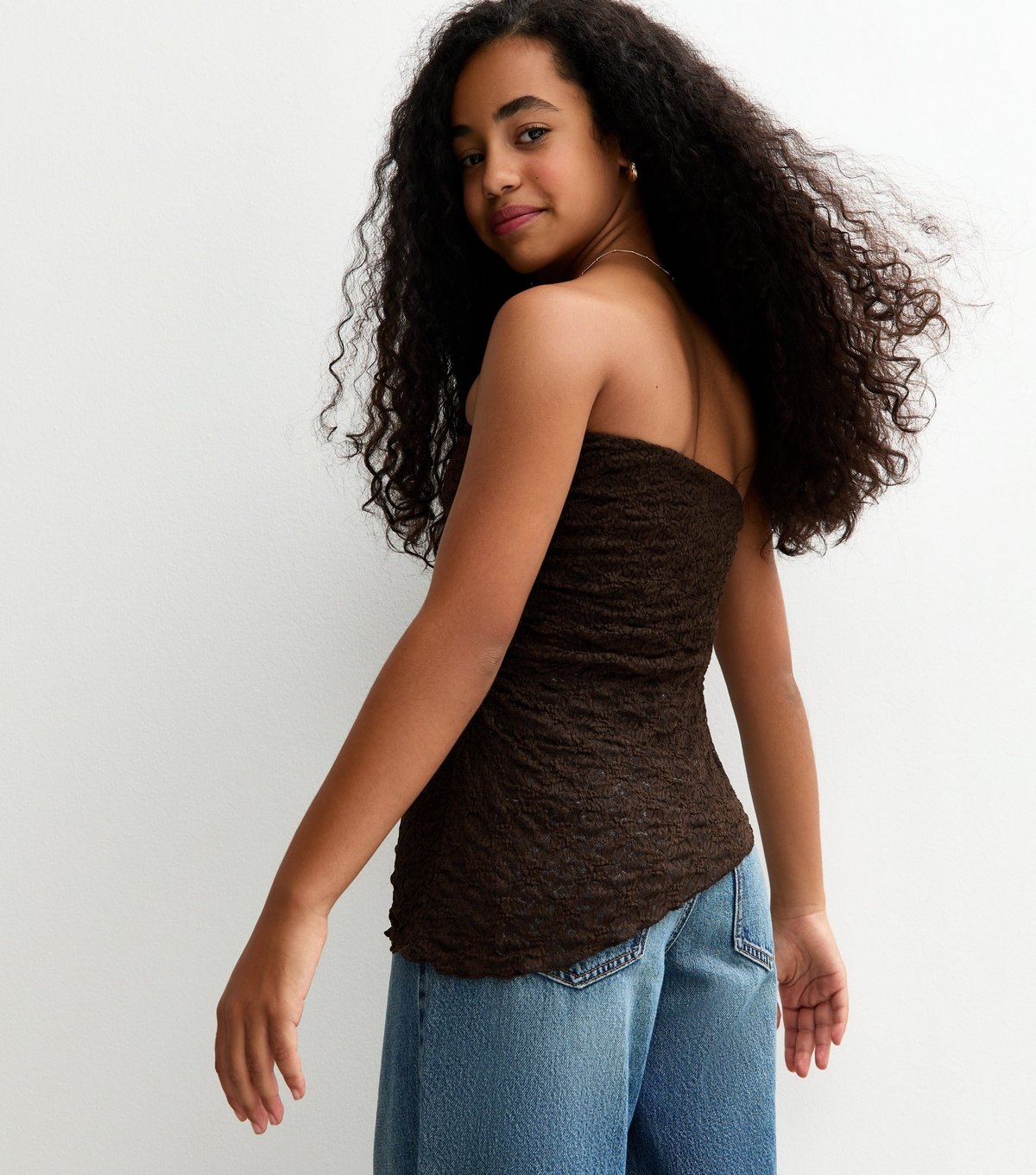 New Look Girls' Dark Brown Jersey Lace Asymmetric Bandeau Top New Look - 4