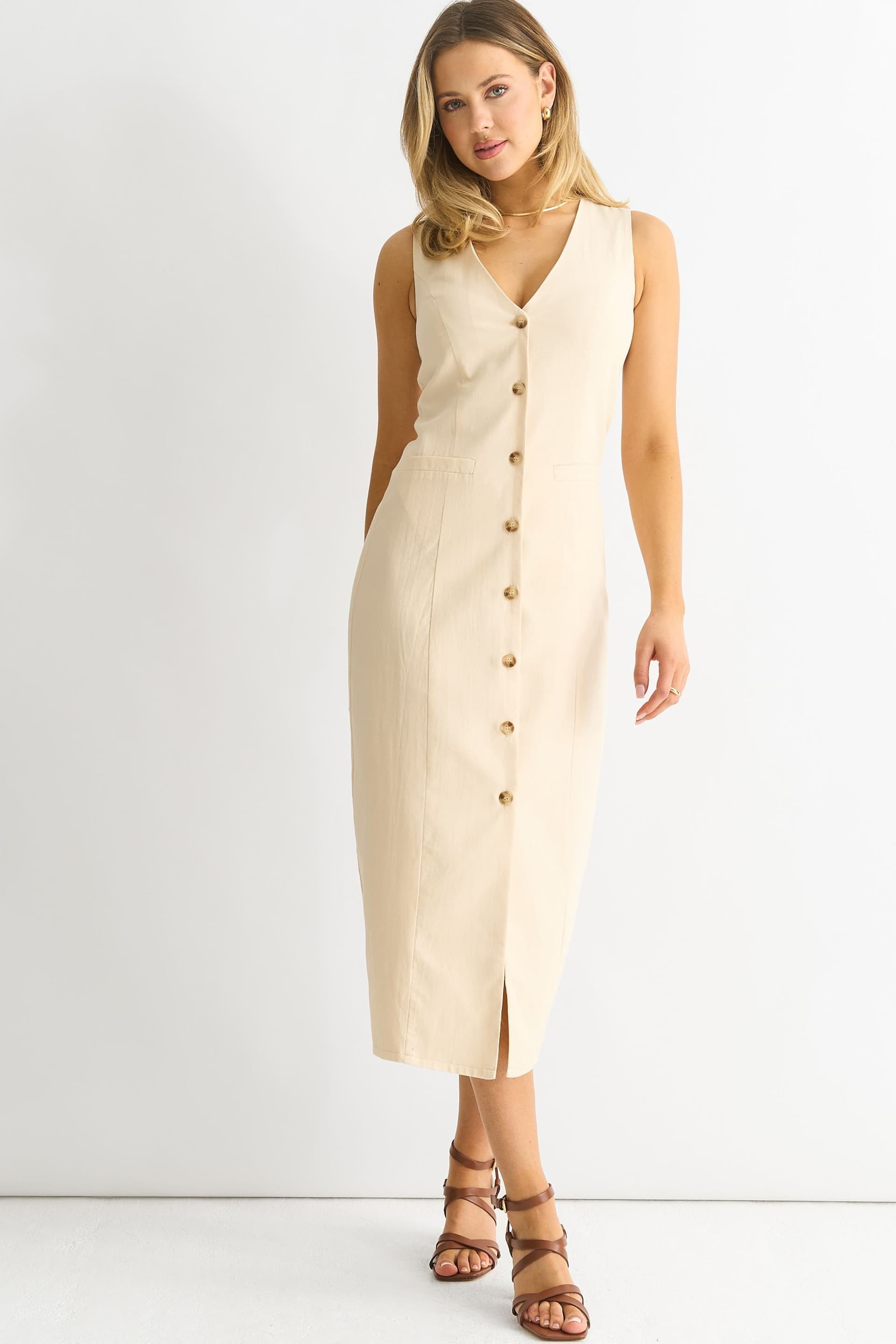 Gini London Gini London Women's Stone Button Through Waist Coat Midi Dress
